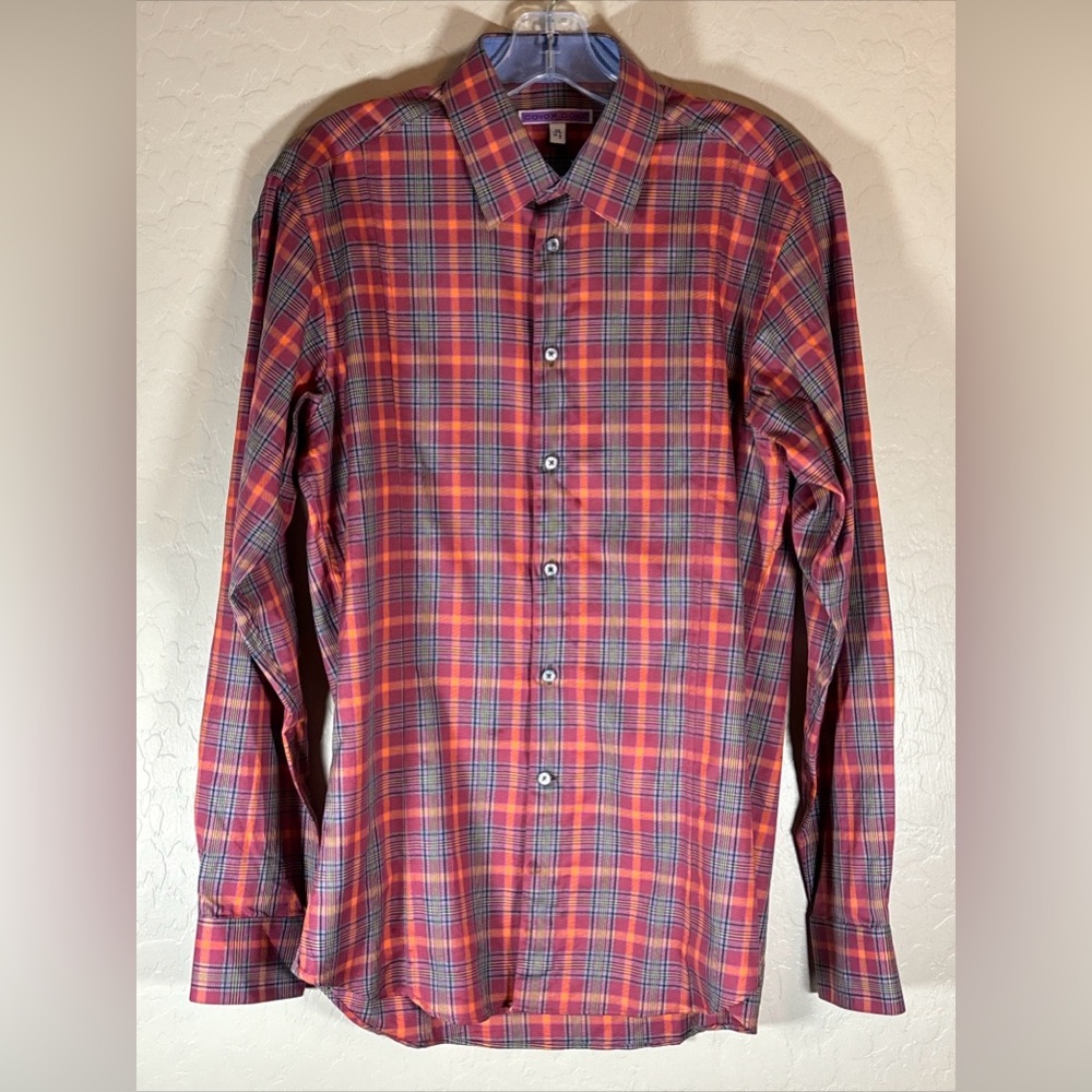 Men's Coton Doux Shirt - Plaid- Red / Orange - Size 39 / 15 1/2